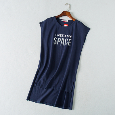 出欧美 两侧开叉中长款字母印花圆领T恤全棉 短袖 宽松女装上衣