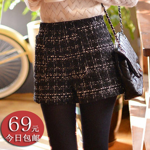  秋冬新品 粗花呢女士短裤 小香风毛呢靴裤 高腰格子打底短裤