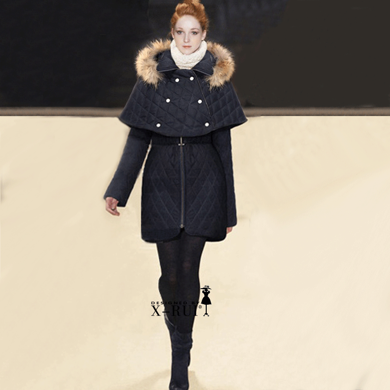 真毛领!2013<em>冬装</em>新款<em>棉服</em> <em>斗篷</em>中长款女士<em>棉衣</em>