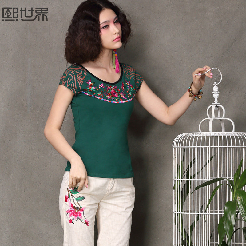 熙世界正品 韵味中国 2013夏装新款 刺绣小衫短袖 T恤女1021