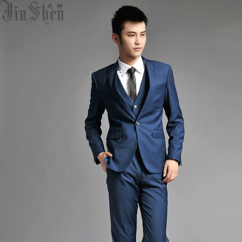 九绅男<em>西装套装三件套</em>休闲蓝色韩版修身男<em>西服</em>