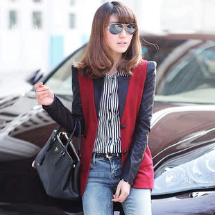  专柜正品牌女装春装新款时尚PU皮拼接OL毛呢料小西装西服外套