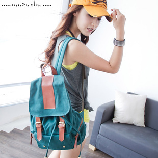  木独猪韩版厚深色帆布背包配牛皮休闲女学生帆布双肩包书包 包邮