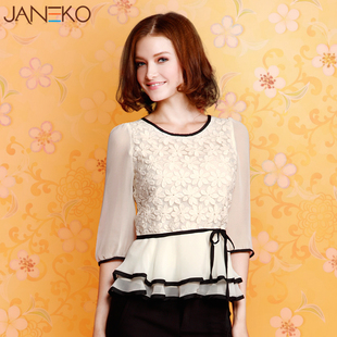  janeko1212秋装新品女装 蕾丝荷叶边雪纺衫 中袖雪纺衬衫