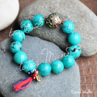  Lotus Mann超大颗A级绿松石手工铜珠红玛瑙佛珠手链成功之石