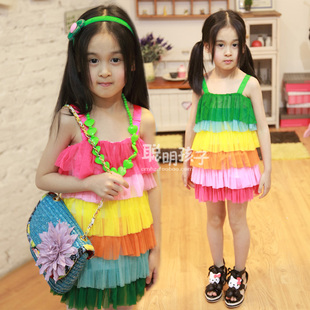  韩版女童儿童新款夏装童装彩虹裙蛋糕吊带裙连衣裙裙子700390