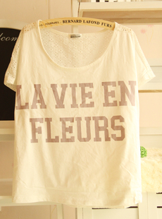  夏森女装 小清新镂空蕾丝拼接短袖宽松白色棉T恤女显瘦1377