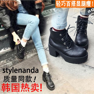  韩国代购冬季新款stylenanda短靴厚底粗跟松糕鞋女复古高跟马丁靴