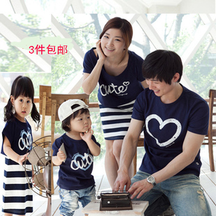 亲子装夏装春装款母女装母子装家庭装短袖圆领T恤条纹裙子