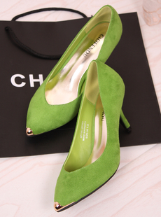  女鞋春新款绒面性感浅口金属尖头鞋英伦风细跟高跟鞋单鞋春鞋