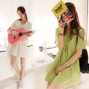  韩国代购正品短袖韩版休闲宽松衬衫女小清新连衣裙子棉麻衬衣