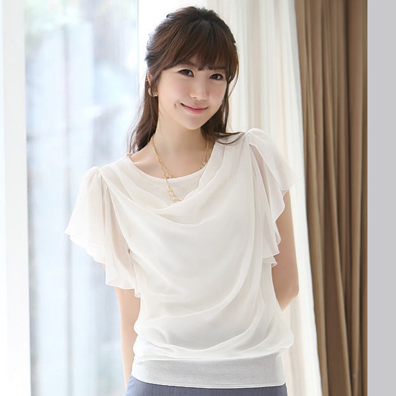 圆领荷叶袖波浪上衣...