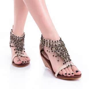  民族风复古流苏吊坠夹趾凉鞋坡跟高跟鞋女鞋子波西米亚串珠罗马鞋