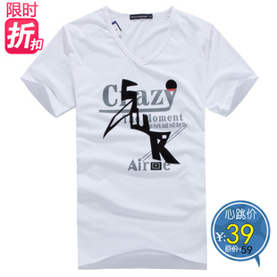  新款夏装美特斯邦威包邮V领男士短袖t恤韩版纯棉男装修身潮