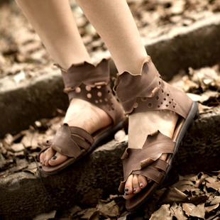  手工原创真皮女鞋 TOKharoi新品头层牛皮靴帮平跟罗马时尚凉鞋女