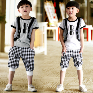  秒杀童装儿童男童夏装新款韩版格子休闲运动套装短袖T恤+中裤