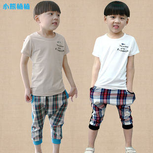  童装夏装 新款韩版儿童格子休闲运动童套装 男童短袖套装潮服