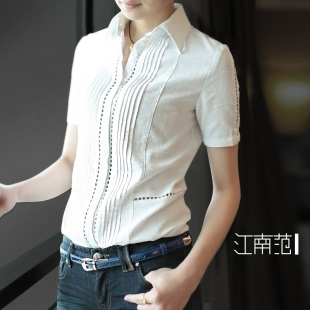  衬衫女ROJAY女装春款女装白色打底衫翻领宽松衬衣短袖女衬衫