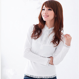 蕾丝钮扣修身长袖...