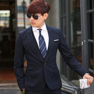  韩版西服套装 藏青色 韩版修身西装时尚休闲三件套 AS13656