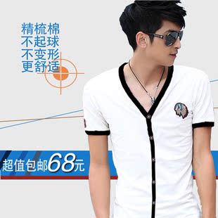  个性公子白色半袖体恤 男士韩版V领短袖t恤 潮男装小衫莫代尔夏装