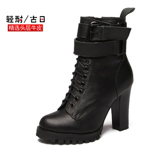  秋冬新款短靴子女真皮女靴子机车靴马丁靴高跟厚底粗跟加厚绒