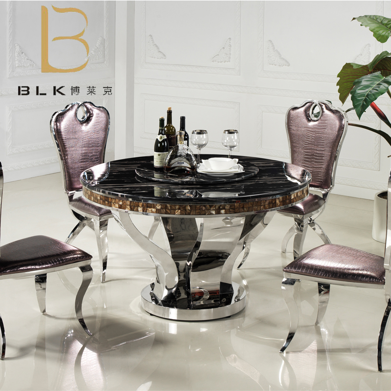博莱克 天然灰贝壳大理石餐桌 不锈钢银白龙圆桌 欧式餐桌椅组合