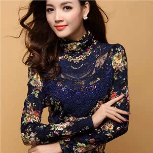  春装新款女装女士韩版蕾丝高领修身长袖打底衫 加绒修身打底