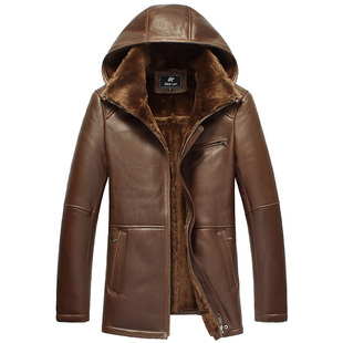  真皮真毛 原生态皮毛一体 可脱卸帽抗寒男士中长款真皮皮衣[2479]