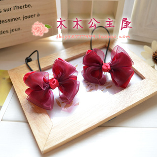  儿童宝宝发饰品 发圈 发箍 女童 女孩气质酒红纱花缎带头花 发绳