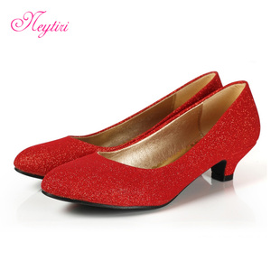  婚鞋 闪亮红色金色低跟新娘鞋子简约结婚鞋宴会鞋礼服鞋