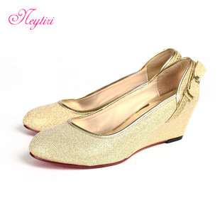  红色金色坡跟新娘婚鞋结婚鞋子旗袍鞋子 婚鞋 新娘鞋子