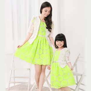  亲子装夏装全家装蕾丝母女裙欧根纱连衣裙母女装夏装款亲子装
