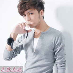  夏装新款韩版V领打底衫春款潮男装团购休闲纯棉长袖男士t恤包邮