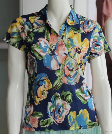 新花色碧丝羽 100%桑蚕丝真丝针织衫 翻领印