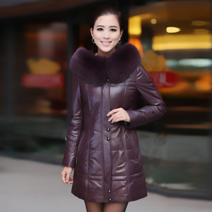  12新款特价海宁真皮羽绒服皮衣女中长款狐狸毛领带帽韩版修身皮衣