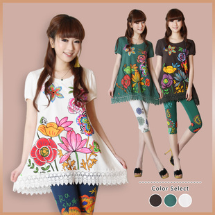  夏装新款显瘦大码品质女装 减龄印花蕾丝拼接中长款短袖t恤