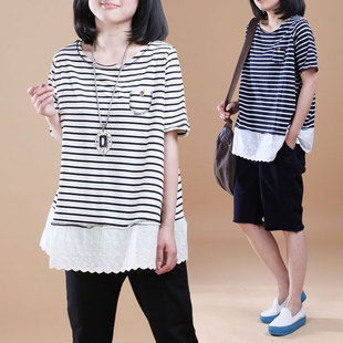  春装新款蕾丝拼接休闲文艺条纹中长款海魂衫T恤女装上衣900