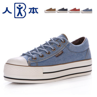  人本春季新款韩版厚底松糕鞋低帮牛仔休闲鞋女式帆布鞋潮3516