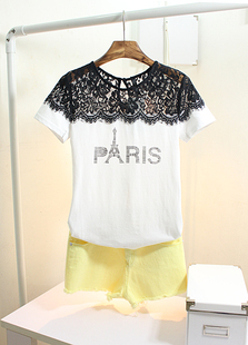  专柜品质 精致睫毛花朵蕾丝拼接短袖T恤女 纯棉修身字母T 潮 韩版