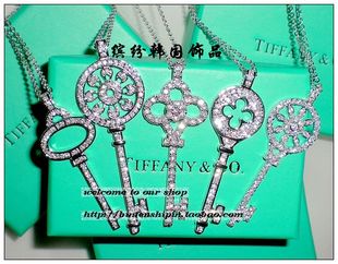  韩国进口饰品*Tiffany家想你经典高质感银底锆石镶嵌钥匙中长项链