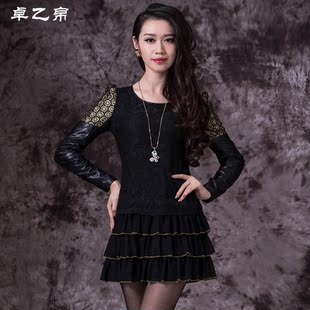  卓乙帛 冬季新款加绒保暖女装大码修身蕾丝打底长袖连衣裙 秋冬