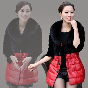 海宁皮衣皮草 狐狸毛领 绵羊皮真皮羽绒服 女中长款修身 羽绒皮衣