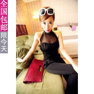  韩版女装新款 明星款性感透视网纱挂脖连体裤 连衣裤 连身裤