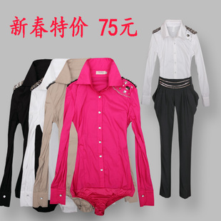   连体衬衫 女 长袖 修身 金属肩章 时尚OL 超酷  连体衬衣
