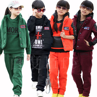  新年促销韩版男童女童三件套装中大童女孩加厚抓绒套头衫冬装新款