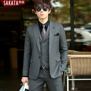  男士英伦便西服套装春装新款小西装外套婚礼伴郎三件