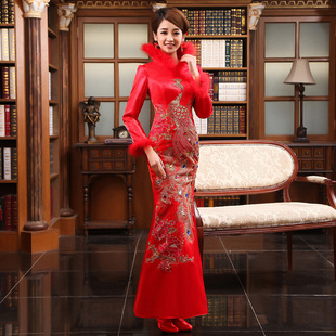  新款冬季红色新娘结婚旗袍改良时尚长款长袖夹棉敬酒服礼服