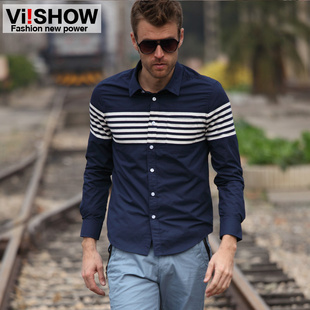  viishow欧美复古潮牌男装衬衫修身男士衬衣条纹纯棉长袖男衬衫
