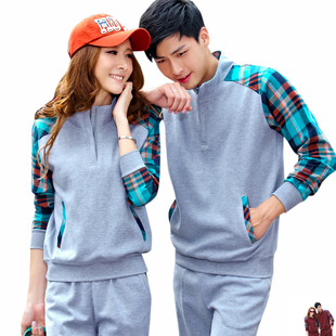  春季新品时尚格子情侣卫衣套装棉质男式套衫运动服套装女装